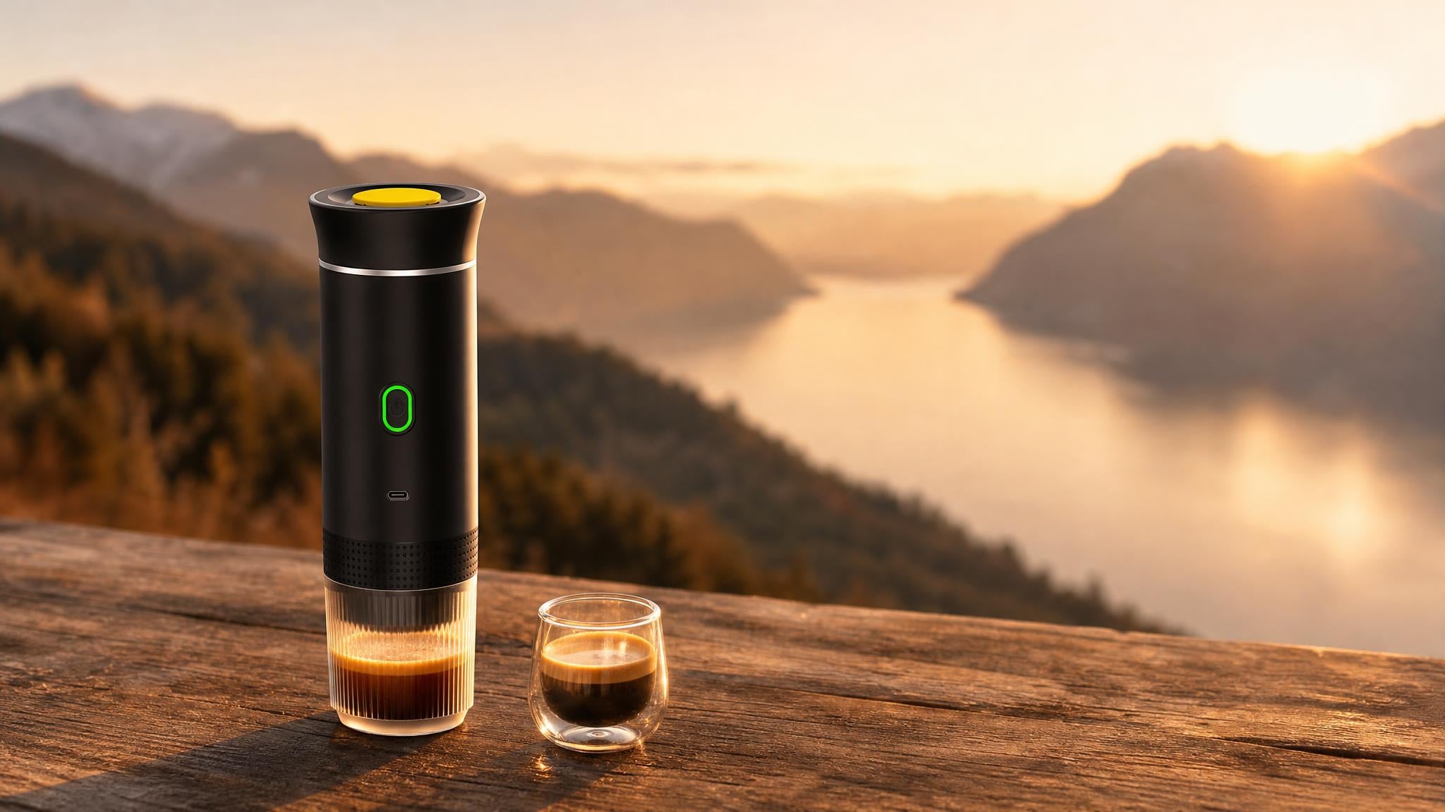 Espresso recién hecho con la cafetera Viagio Coffee al atardecer