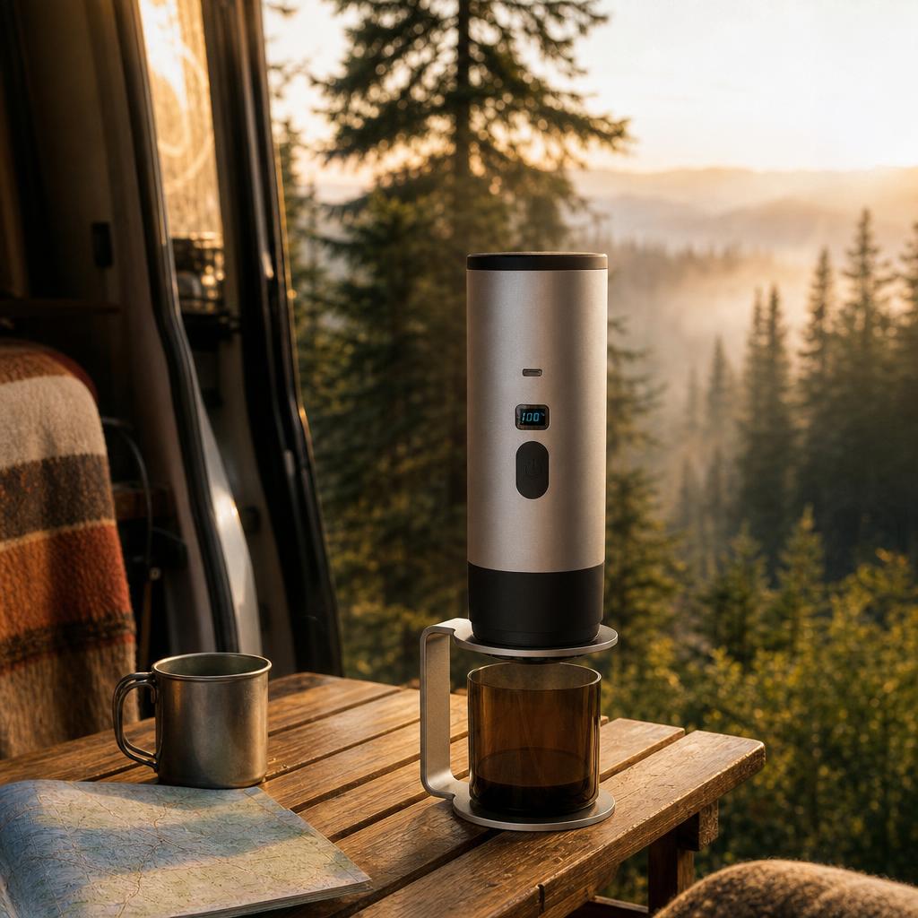 Viagio Coffee Grey Edition Kit en una furgoneta camper junto al bosque