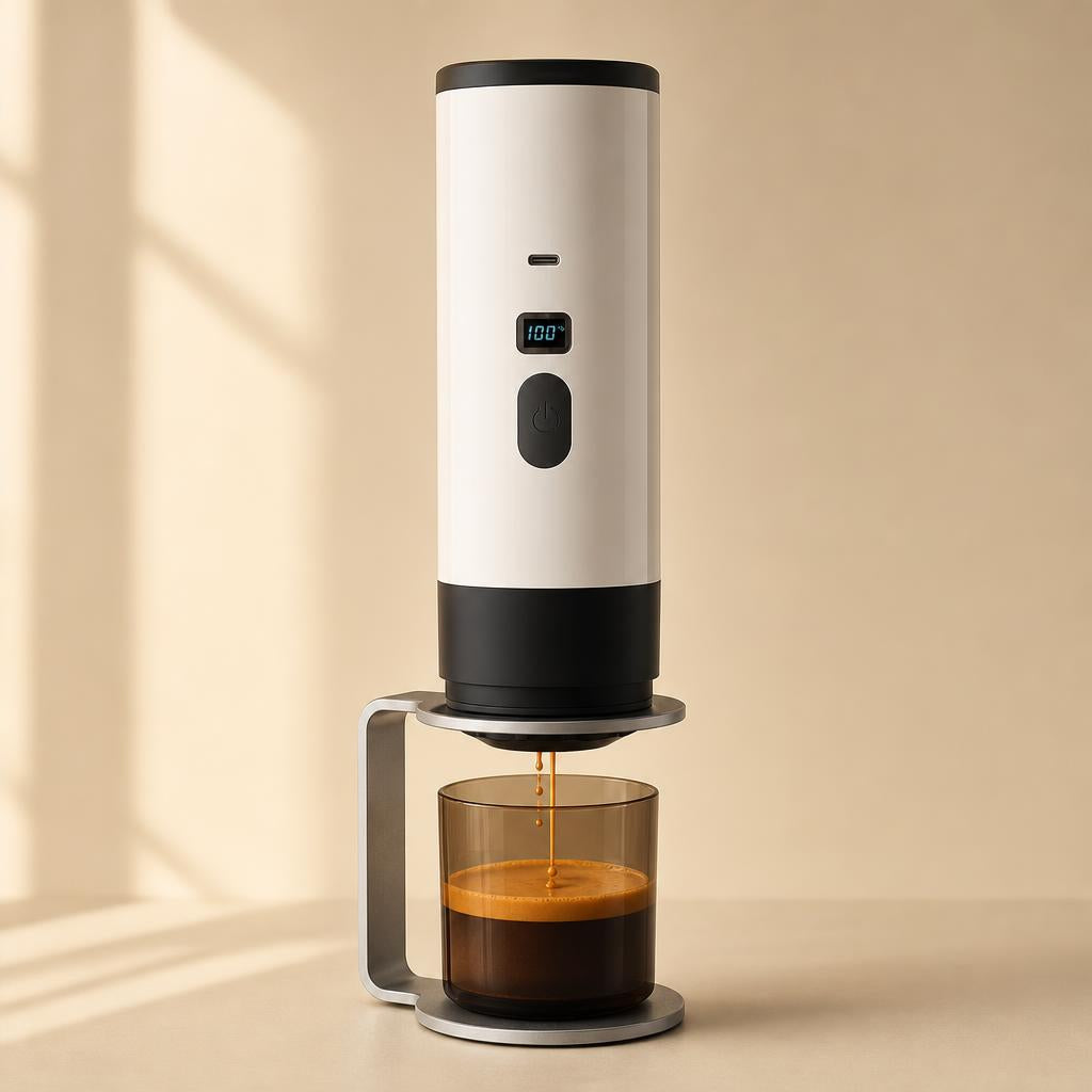 Viagio Coffee White Edition Kit preparando un espresso en su soporte