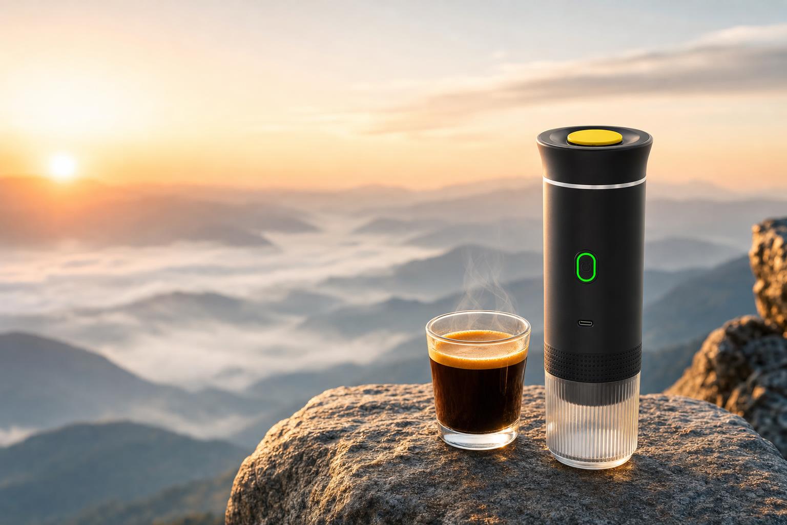 Cafetera portátil Viagio Coffee con un espresso al amanecer en la montaña